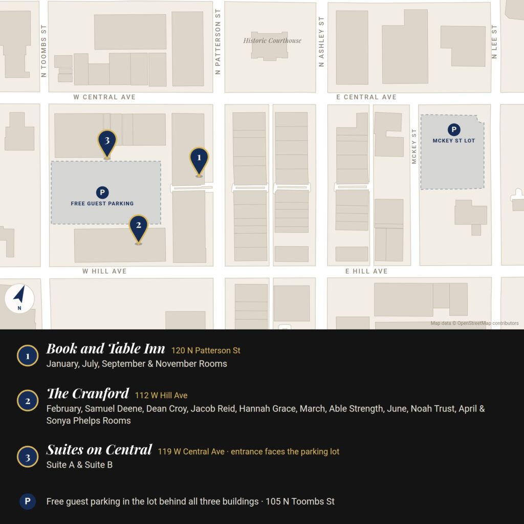 Map of downtown Valdosta showing Book and Table Inn, The Cranford, Suites on Central and free guest parking